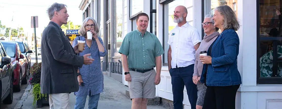 Delilah Poupore, Heart of Biddeford; Alethea Cariddi, UNE; Brad Favreau, City of Biddford; Will Kotchtitzky, UNE; Michele Polacsek, UNE; and Cameron Wake, UNE tour the city