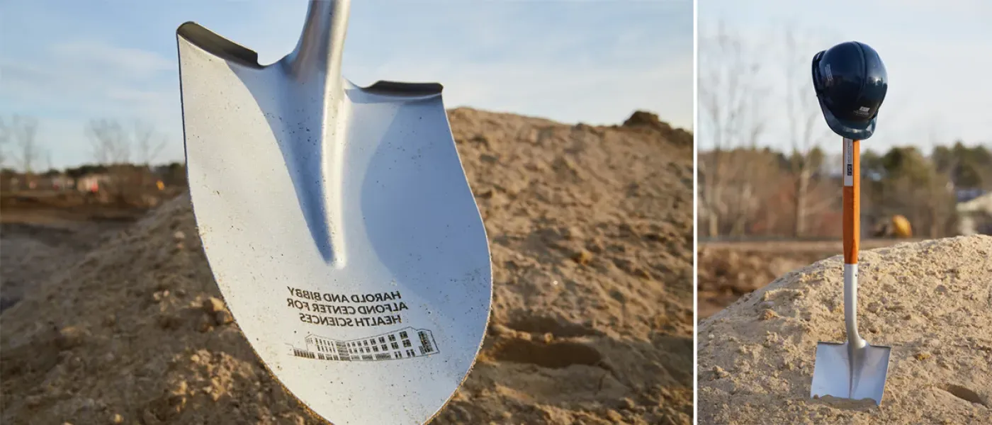 A collage of a shovel standing upright in a mound of dirt with a U N E construction hat on the top of the handle next to a close-up of the shovel's blade with an inscription, "Harold and Bibby Alfond Center for Health Sciences"